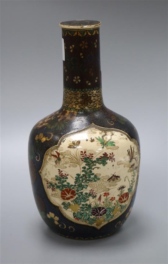 A Japanese cloisonne on earthenware sake bottle by Kinkozan